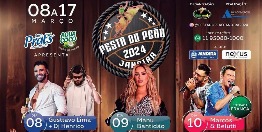 Festa do Peão de Jandira 2024: Gusttavo Lima, Marcos & Belutti, Israel & Rodolffo e muito mais artistas prometem agitar a cidade